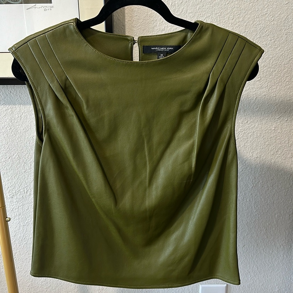 Andrew Marc New York Faux Leather Green Top